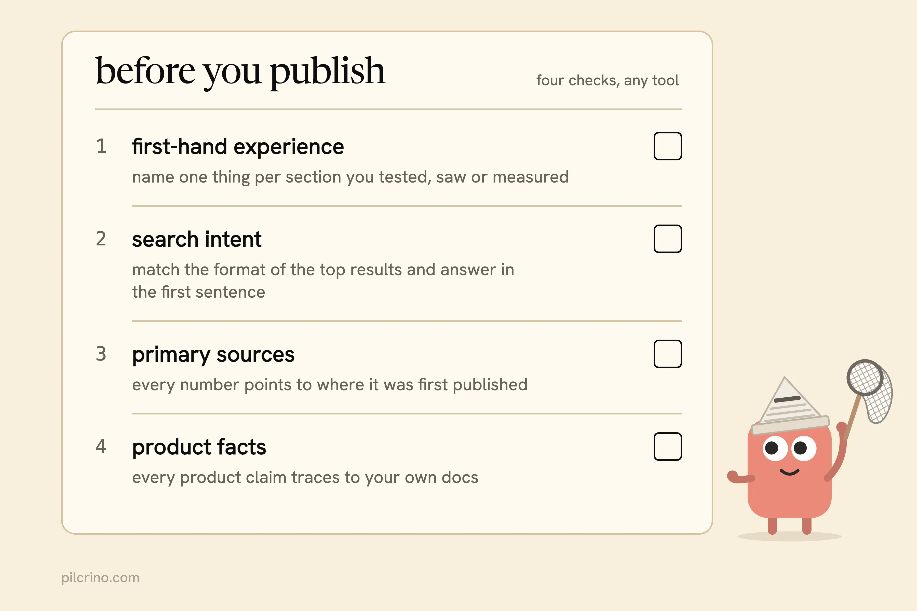Pre-publish card with four checks: first-hand experience, search intent, primary sources and product facts