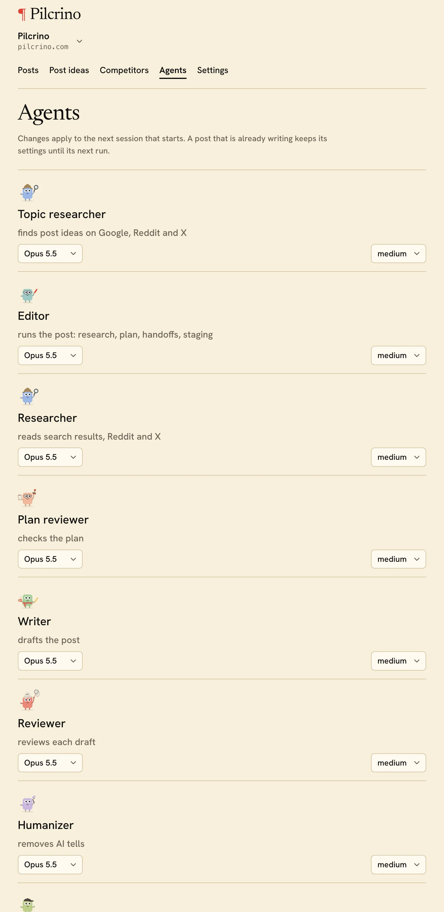 Pilcrino Agents screen: eight agents, each with what it does and a model and effort picker, such as Writer on Opus, High