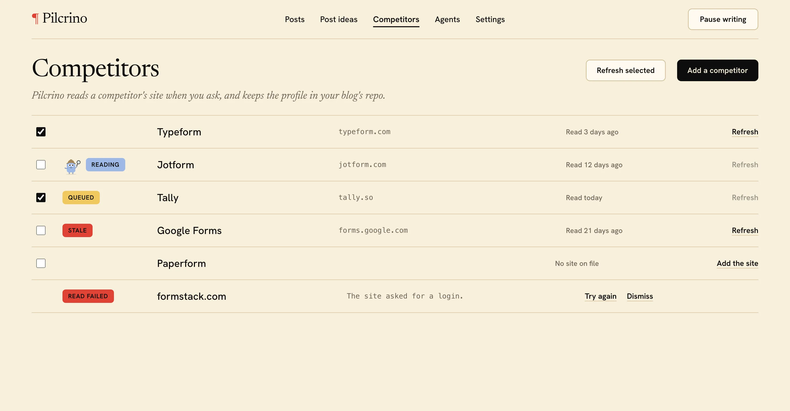 Pilcrino’s competitor list: six profiles with when each was last read, a Refresh button per row and Add a competitor