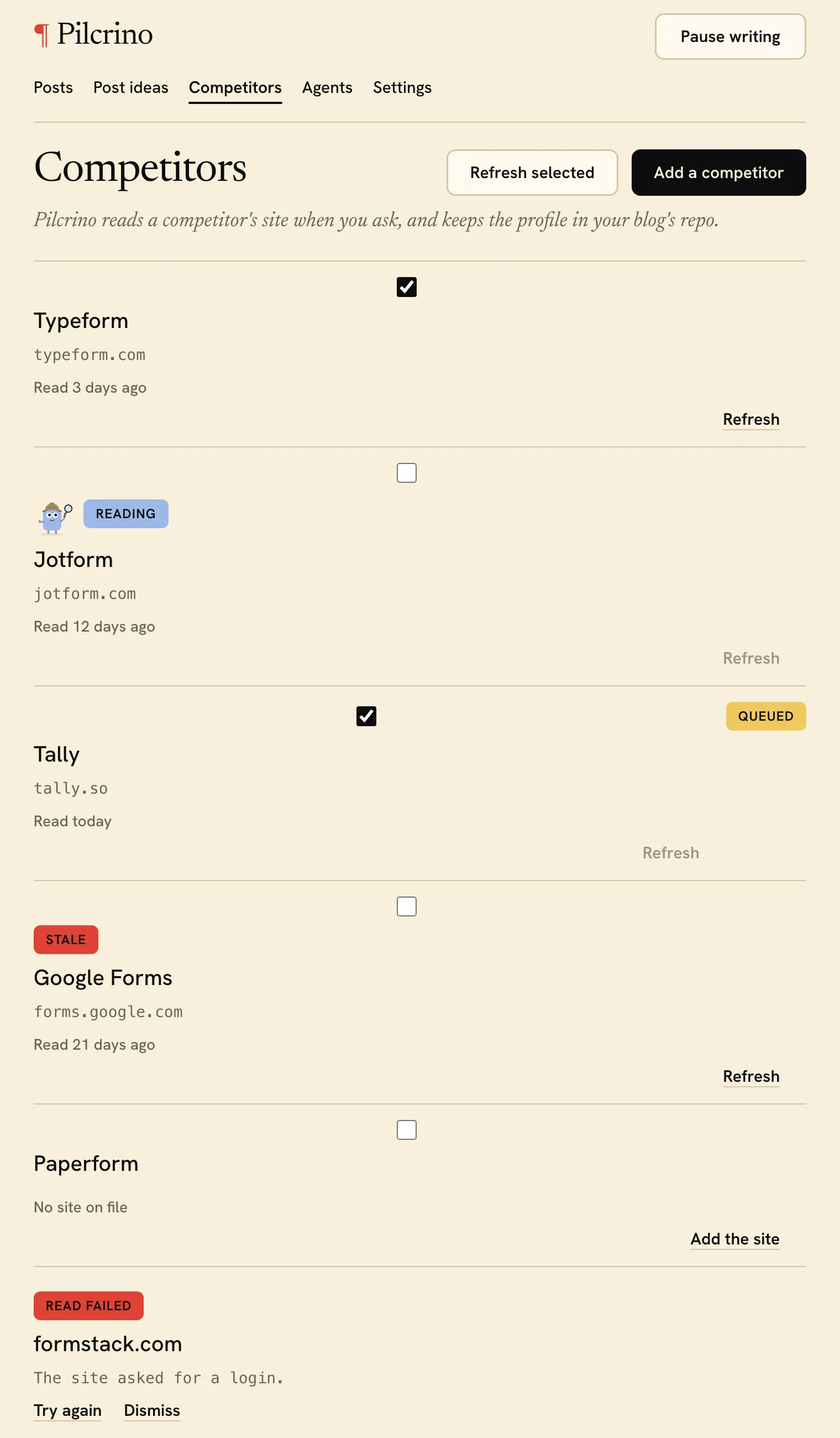 Pilcrino’s competitor list for an example blog: when each profile was read, one marked Stale, Refresh on every row
