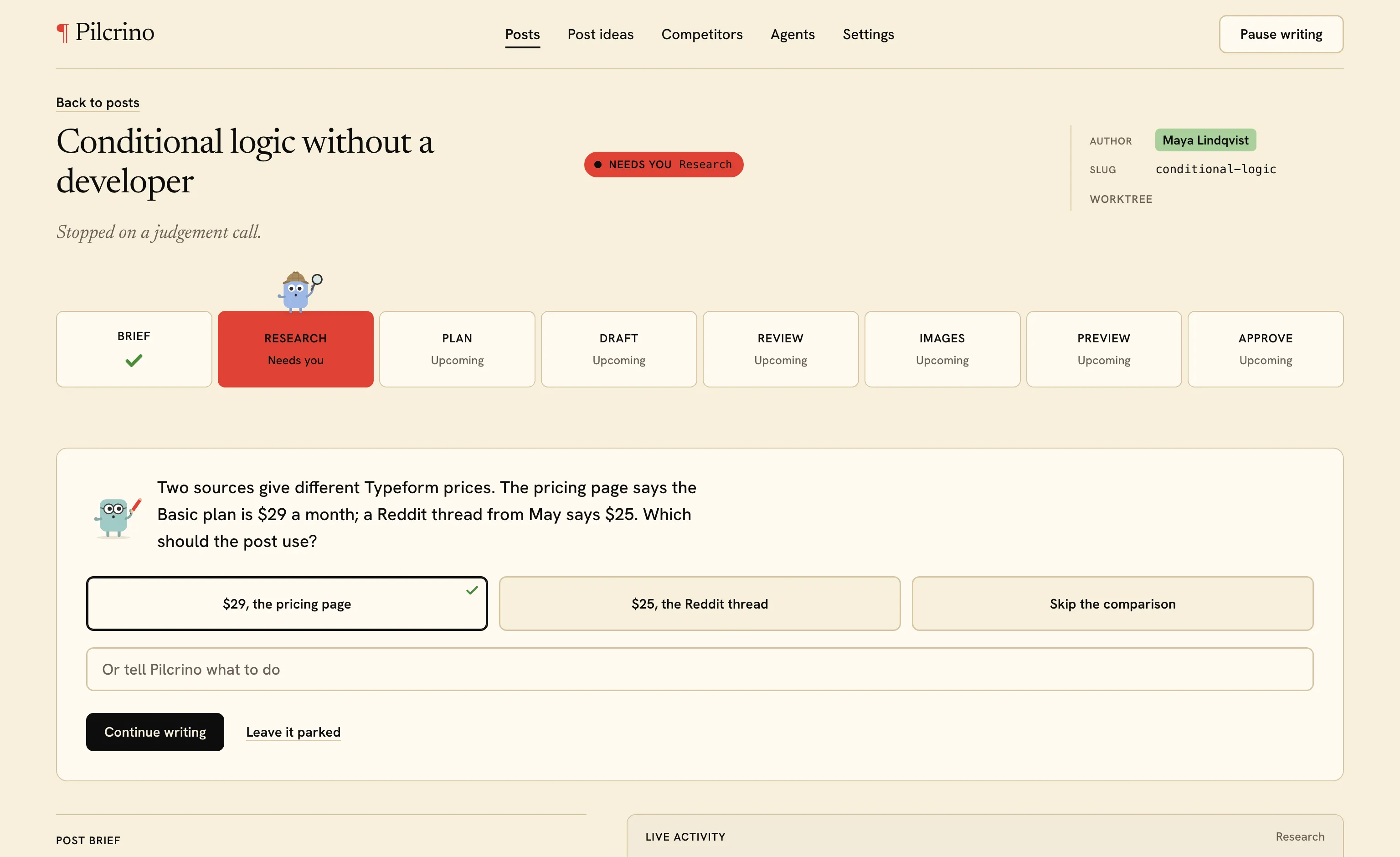 Pilcrino paused on a post, asking whether to use the pricing page’s $29 or a Reddit thread’s $25, or skip the comparison