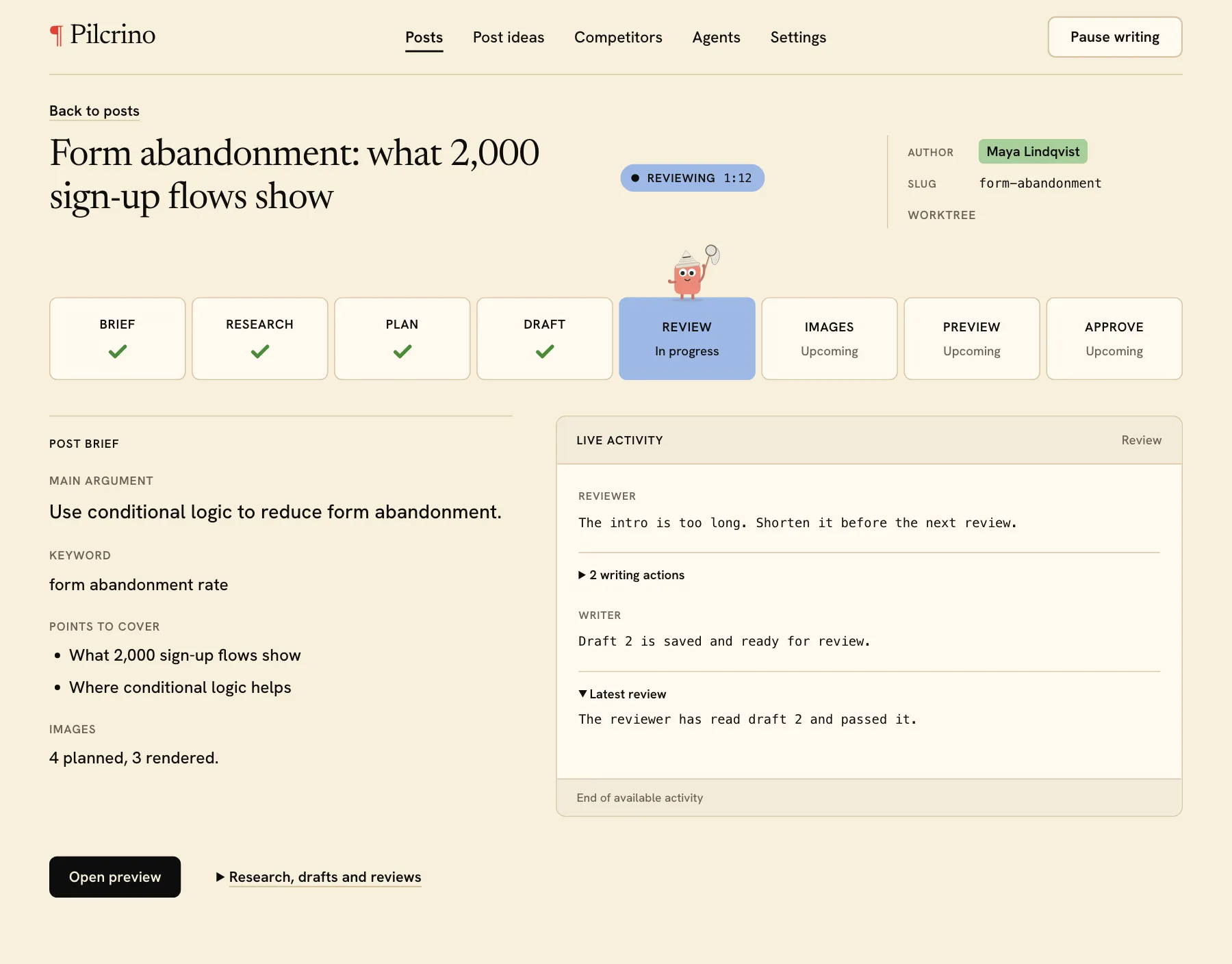 Pilcrino post screen for an illustrative example post: eight stages, review in progress, live activity log