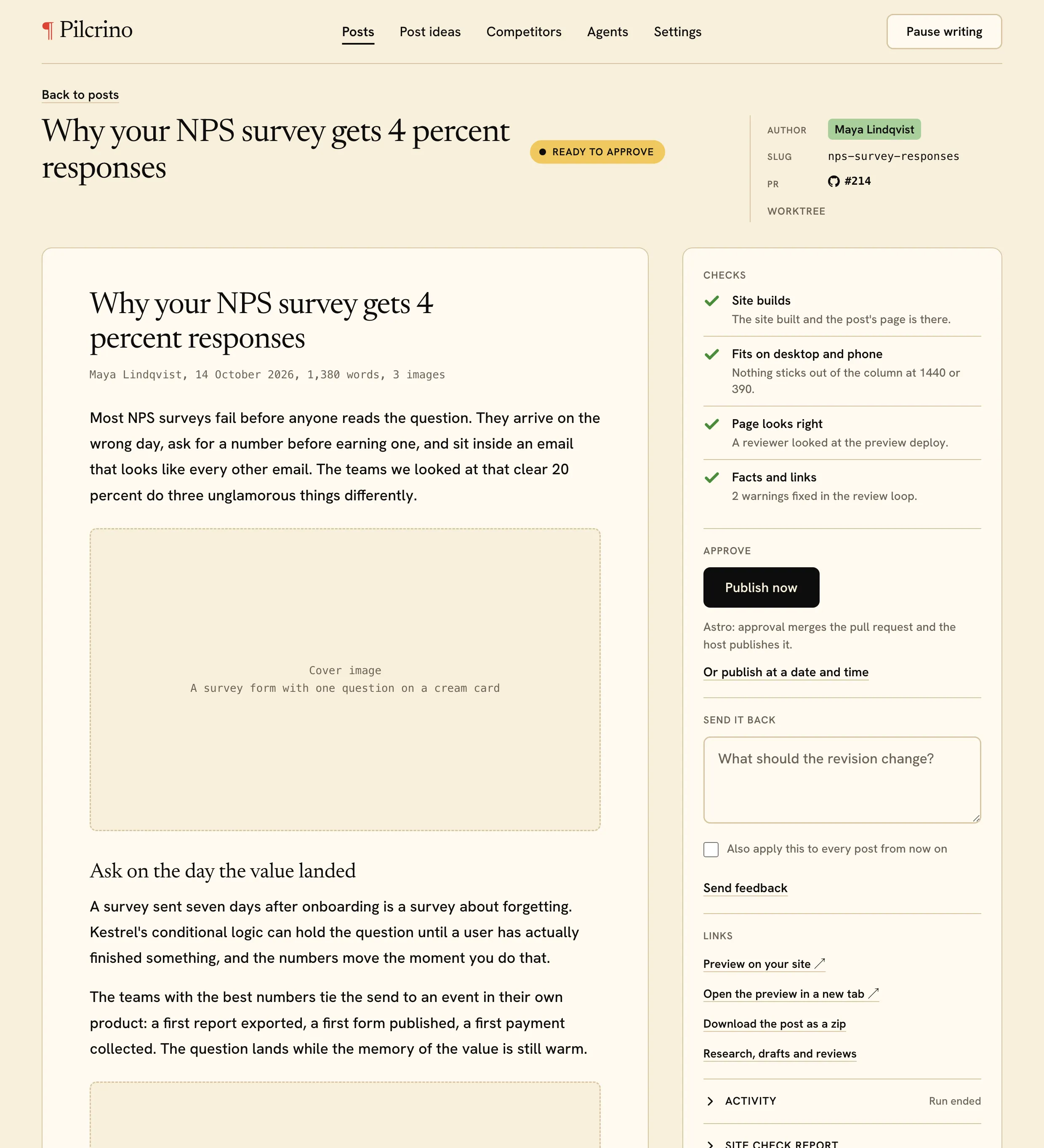 Pilcrino’s preview screen for an example post: the post on the left, three passed checks, one item for you, Publish now