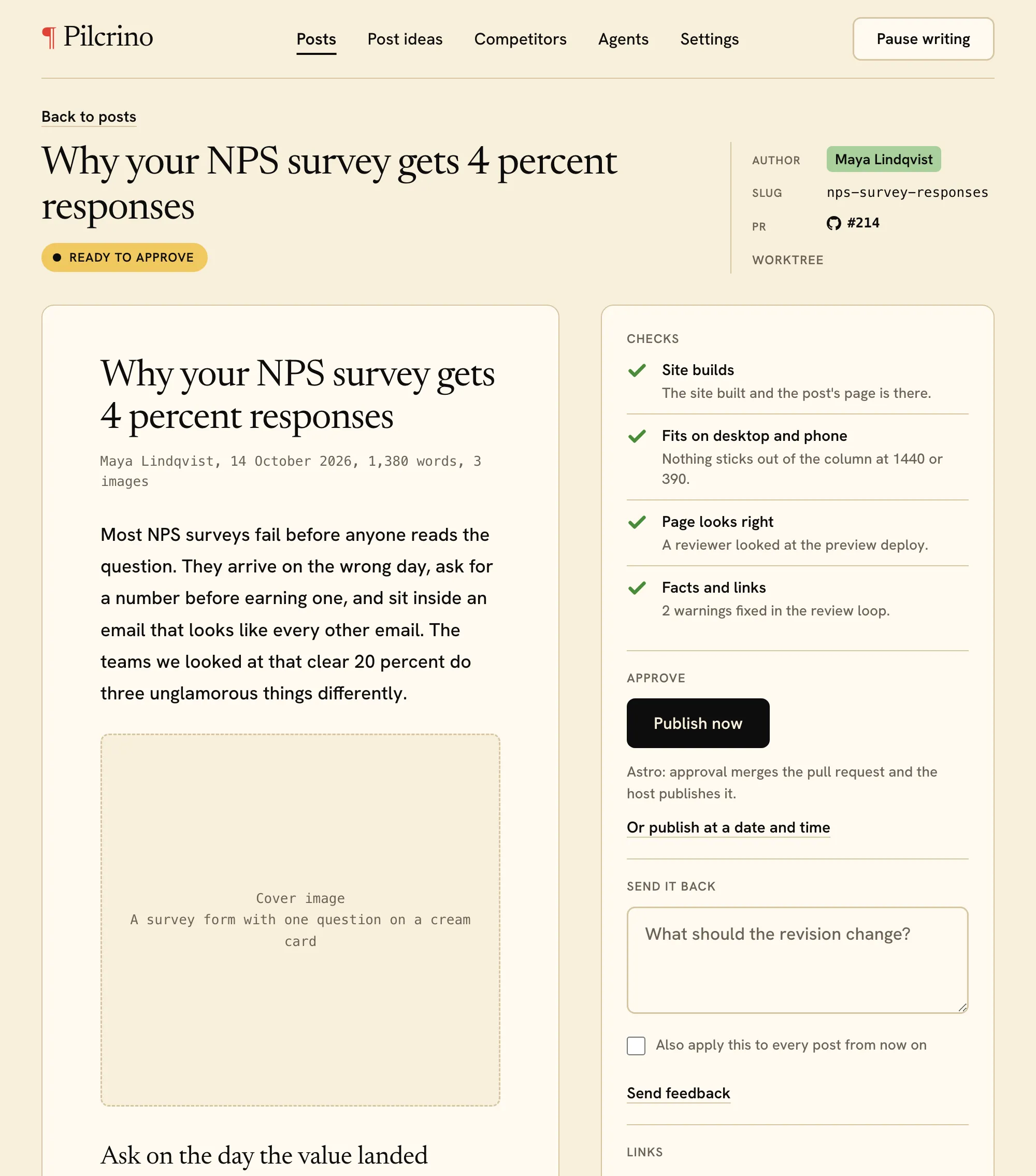 Pilcrino preview screen: a post beside checks, Publish now, and a send-back note with an apply-to-every-post box