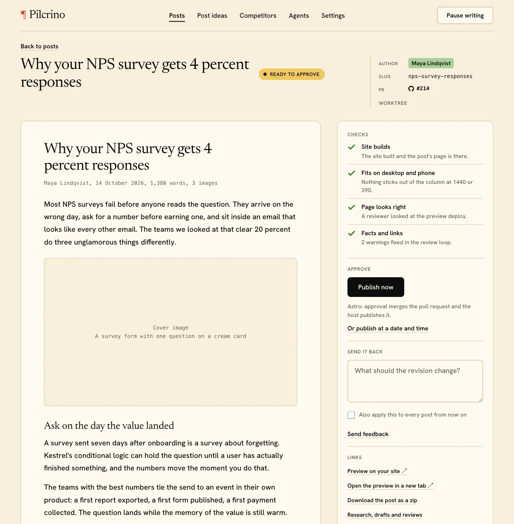 Pilcrino preview of an illustrative example post, beside its checks list and a Publish now button