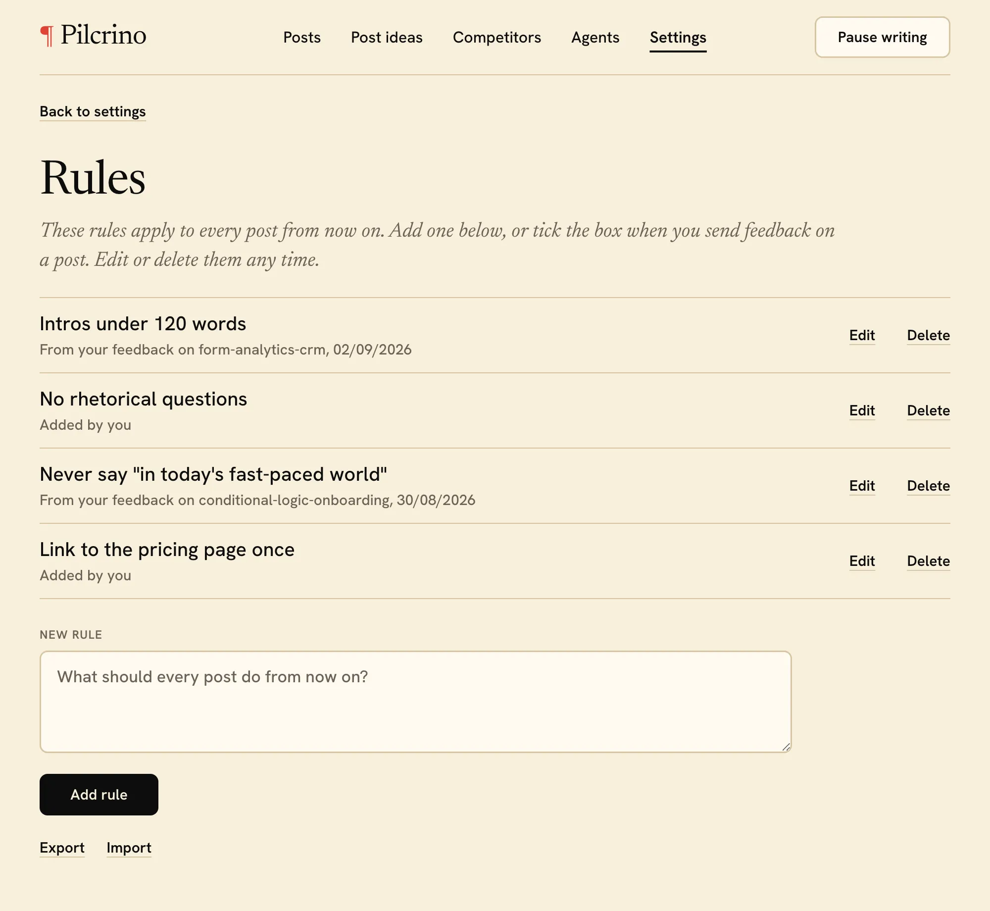 Pilcrino Rules screen: four rules, each from post feedback or added by hand, with a new rule box and export/import