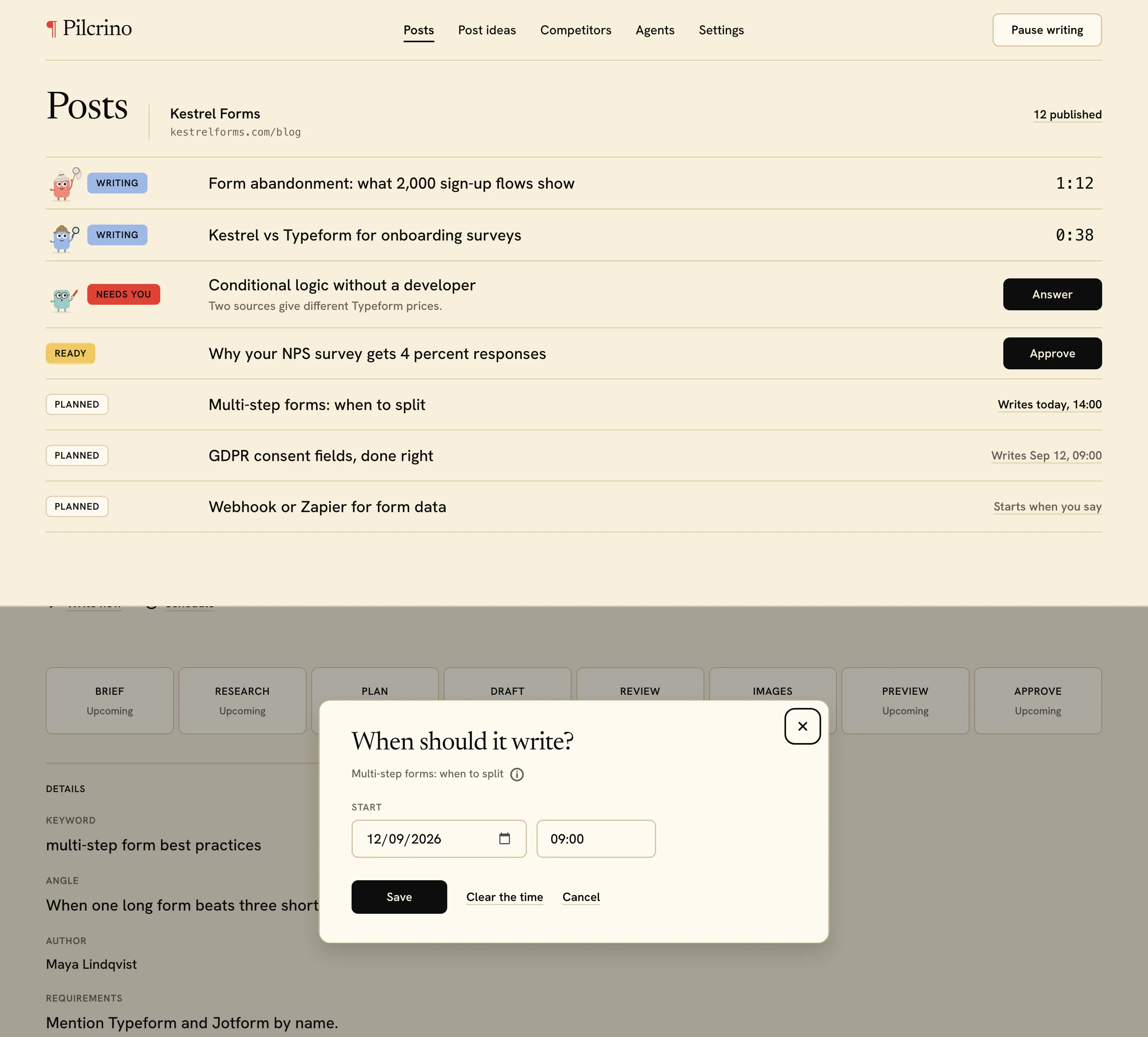 Pilcrino Posts queue for a sample brand with dated write times, and the When should it write? schedule sheet
