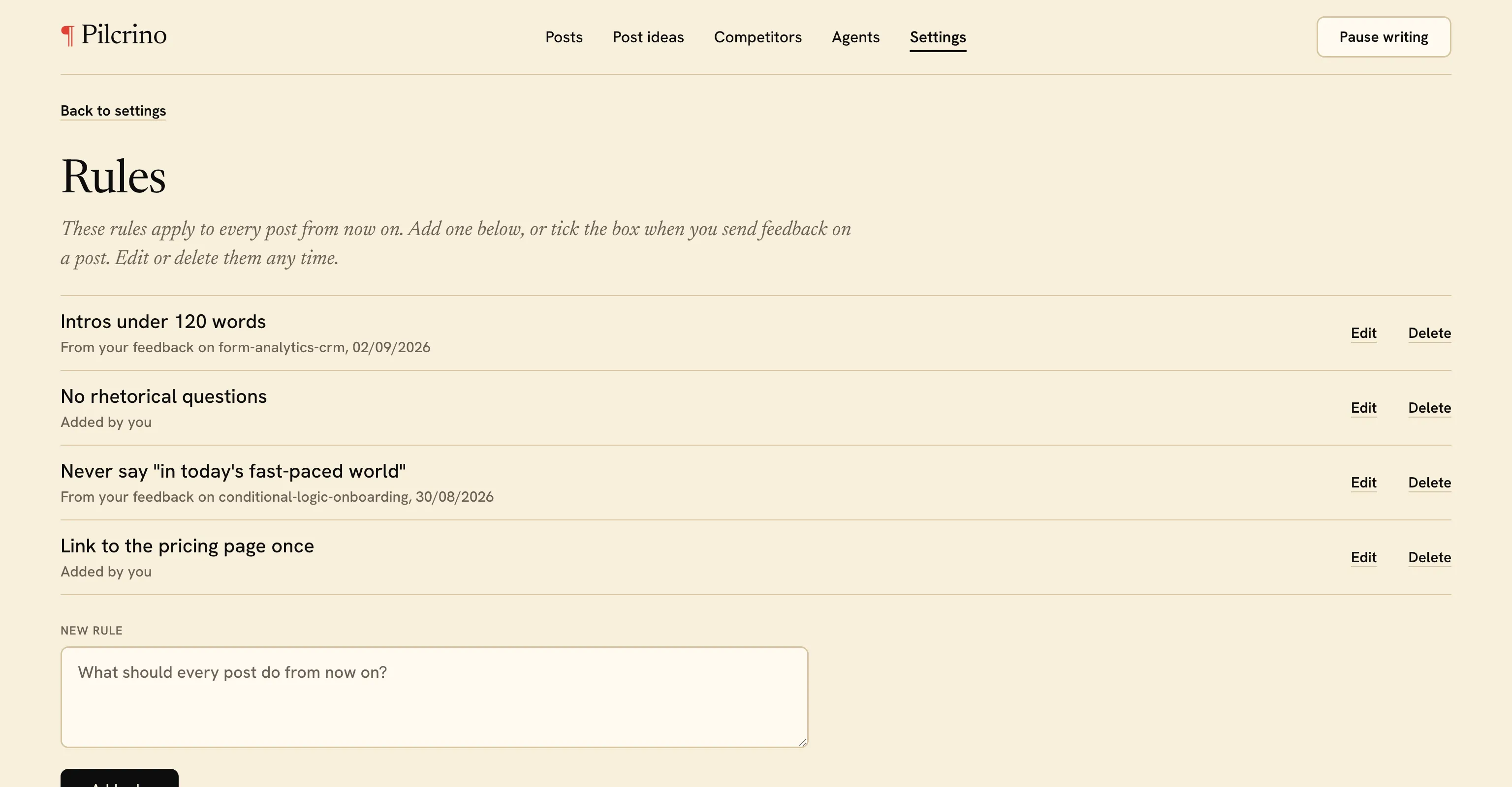 Pilcrino rules list: four rules, each tagged with the post whose feedback created it and a date, with Edit and Delete