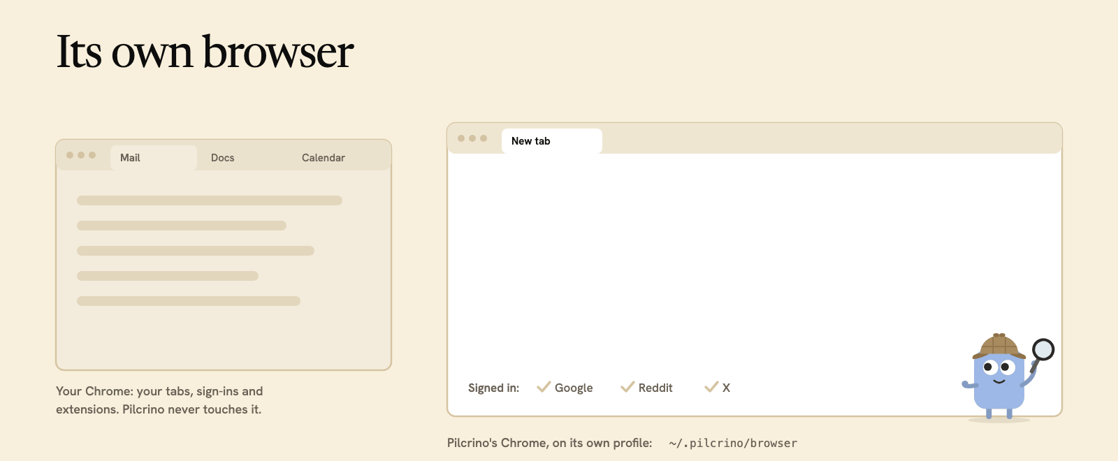 Its own browser: research runs in a Chrome of its own, signed in to Google, Reddit and X, while your Chrome is untouched; when Google asks for a robot check, a tab comes forward for you.