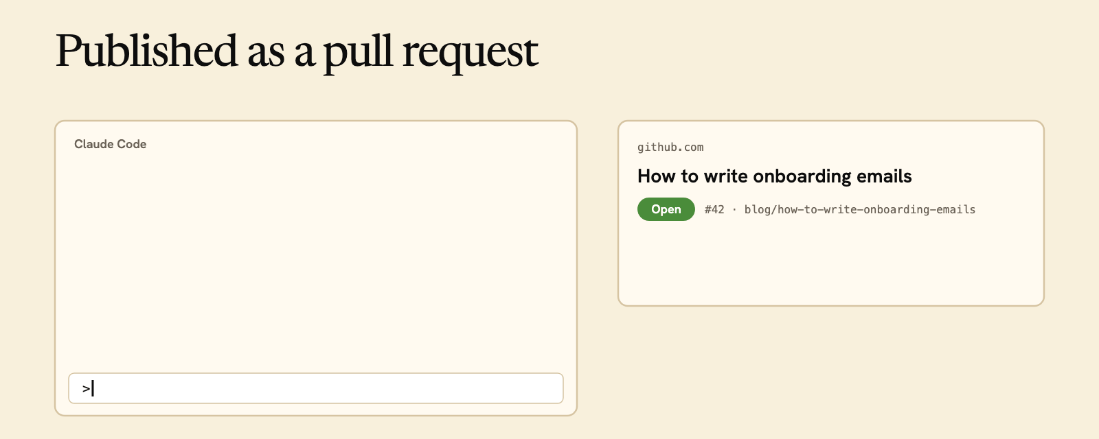 Published as a pull request: you approve the post, say merge it, Pilcrino checks for conflicts, failed checks and changes since your approval, then merges.
