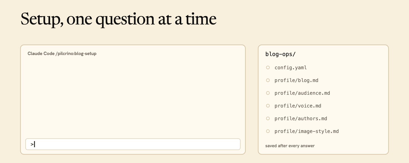 Setup, one question at a time: most questions come with a recommended answer; you answer in your own words or reply default, and each answer is saved as you go.
