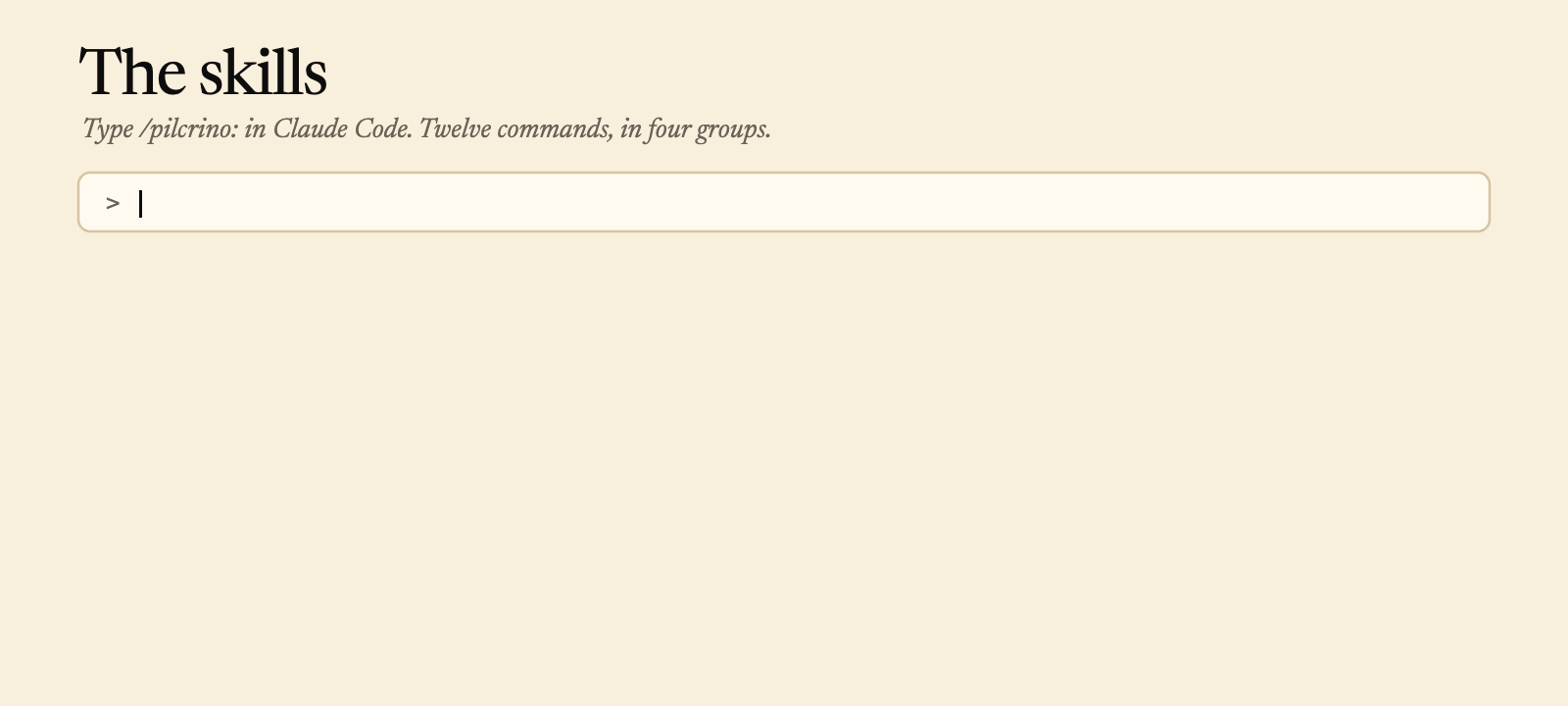 The skills: typing /pilcrino: in Claude Code lists the commands in four groups: set up, plan, write, and after publishing.